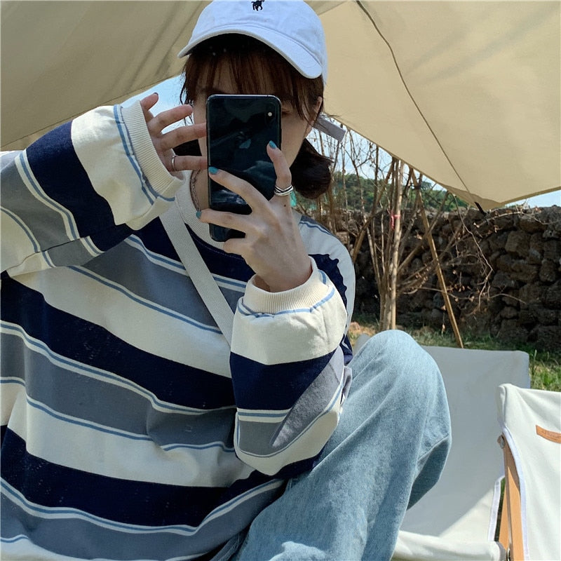 Striped POLO Shirt Men Women Casual Loose Couple BF Lapel Sweatshirts - MERGE.DAY.1.FREESTYLE