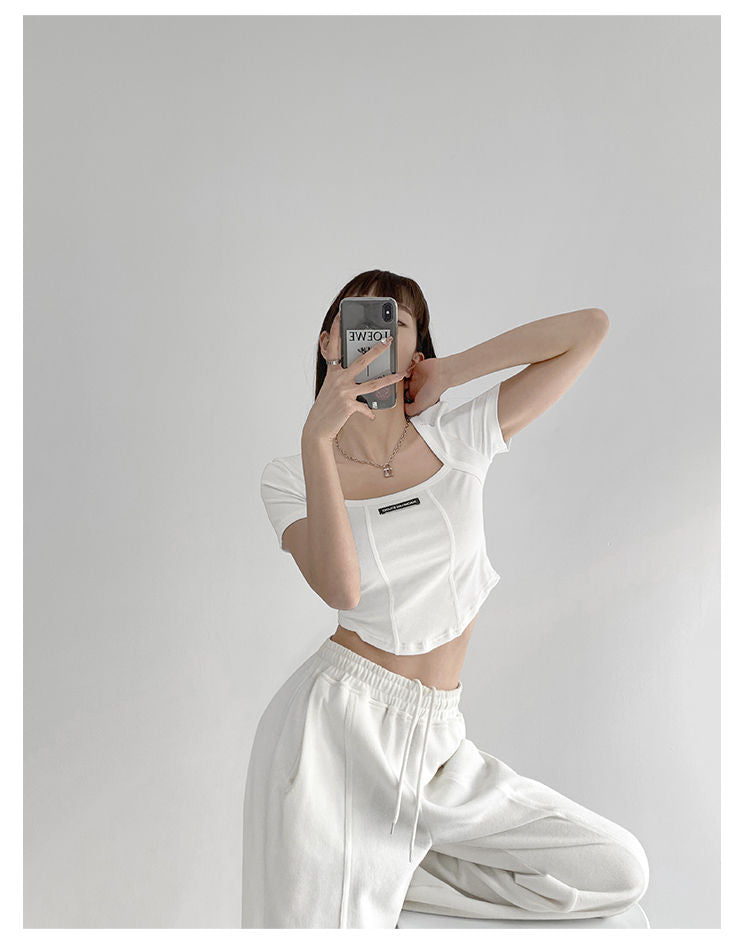 Curved Crop Tops Women Summer Square Collar Short Sleeve T-Shirt Fashion Slim Woman - MERGE.DAY.1.FREESTYLE