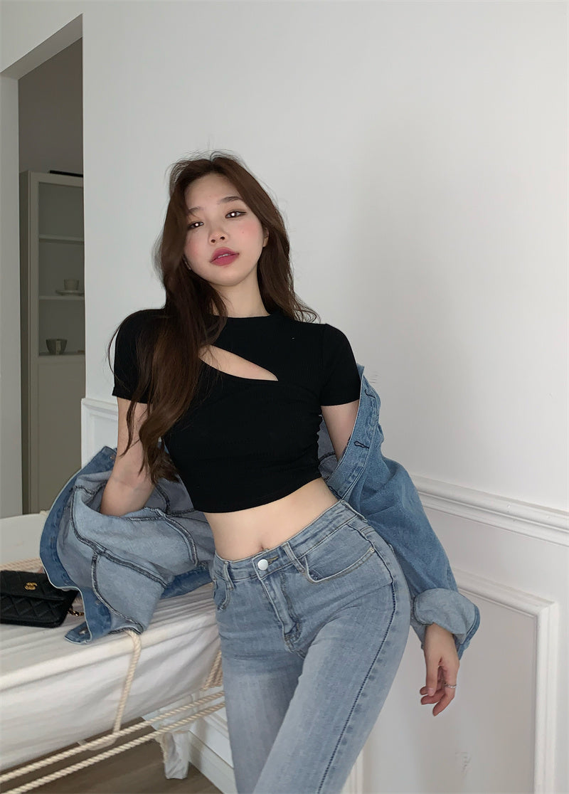 T Shirt Women Summer Hollow Crewneck Cropped Tops Irregular Tight Fitting Short Sleeve - MERGE.DAY.1.FREESTYLE