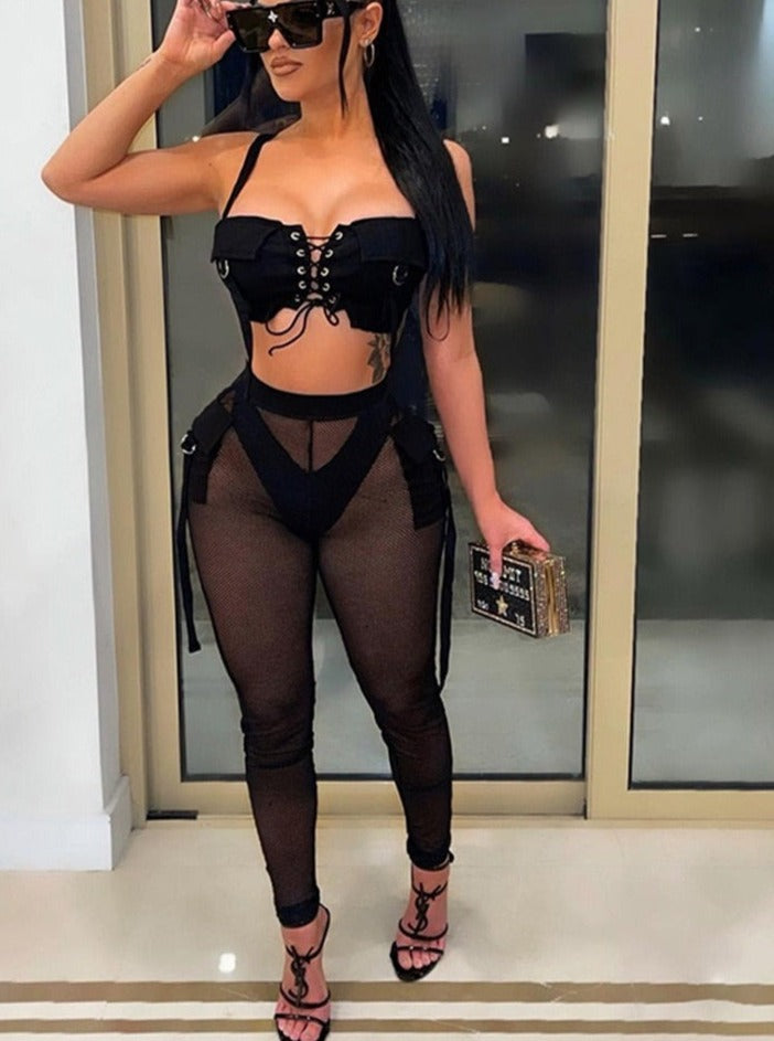 See Through Mesh Crop Top and Trousers Two Piece Set Casual Streetwear 2022 - MERGE.DAY.1.FREESTYLE