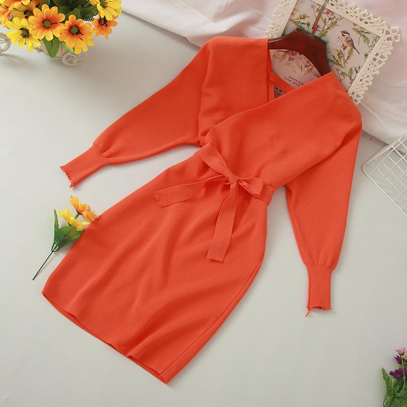Autumn Women Sexy Elegant Knitted Dress Backless V Neck Sash Tie Up High Waist Dresses - MERGE.DAY.1.FREESTYLE