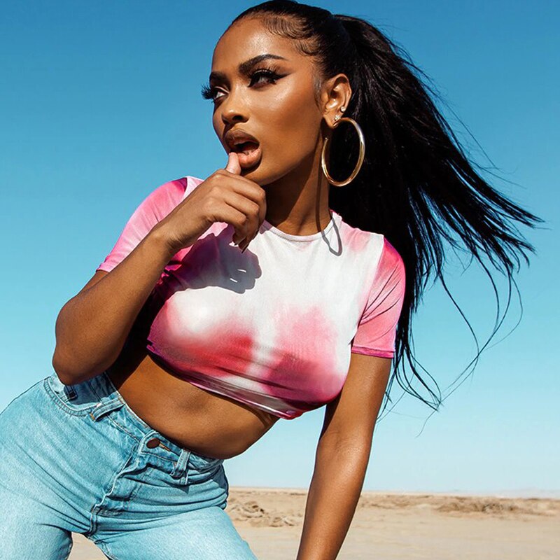 Tie Dye Print O Neck Short Sleeves Crop Top T Shirt Slim - MERGE.DAY.1.FREESTYLE