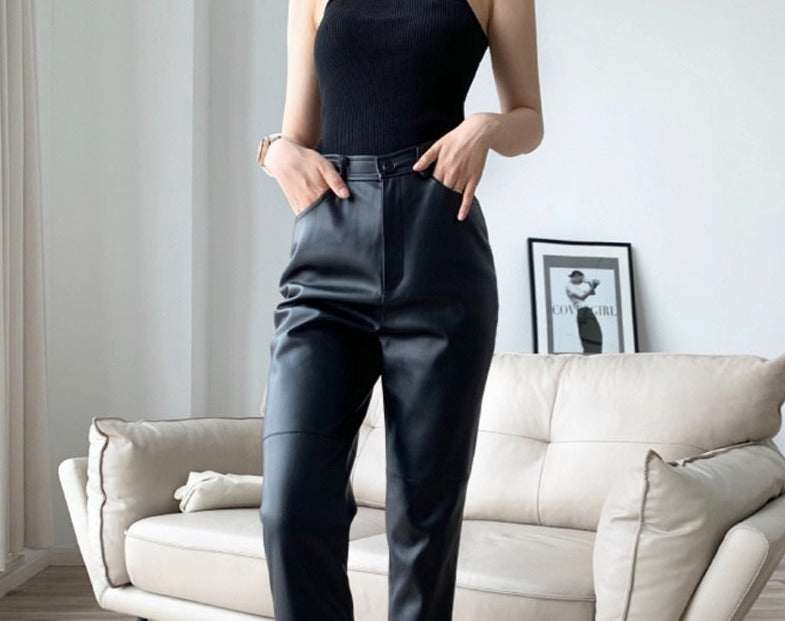 Loose Pockets Women PU Leather Trousers High Waist Single Button Ladies Straight Pants - MERGE.DAY.1.FREESTYLE