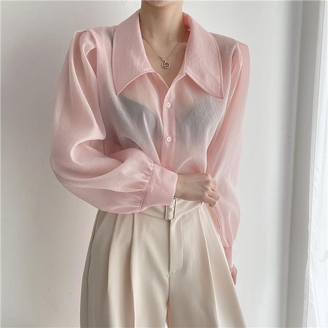See Through Button Down Shirts Women New Loose Long Sleeve Blouse Female 2022 Summer Suncreen Tops - MERGE.DAY.1.FREESTYLE