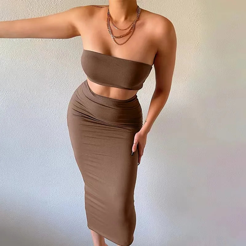 Long Skirt Sets Strapless Tube Top Bodycon Two Piece Outfit Summer Clothing - MERGE.DAY.1.FREESTYLE