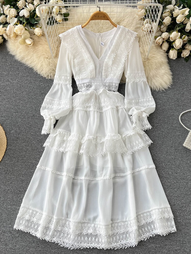Lace Hollow Out White Dress Women Elegant V-neck Beach Holiday Style Dress - MERGE.DAY.1.FREESTYLE
