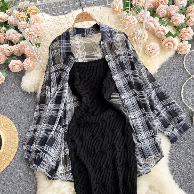 Summer Women Two Piece Set Plaid Long Sleeve Sunscreen Shirt+A-line Knitting Slip Dress - MERGE.DAY.1.FREESTYLE