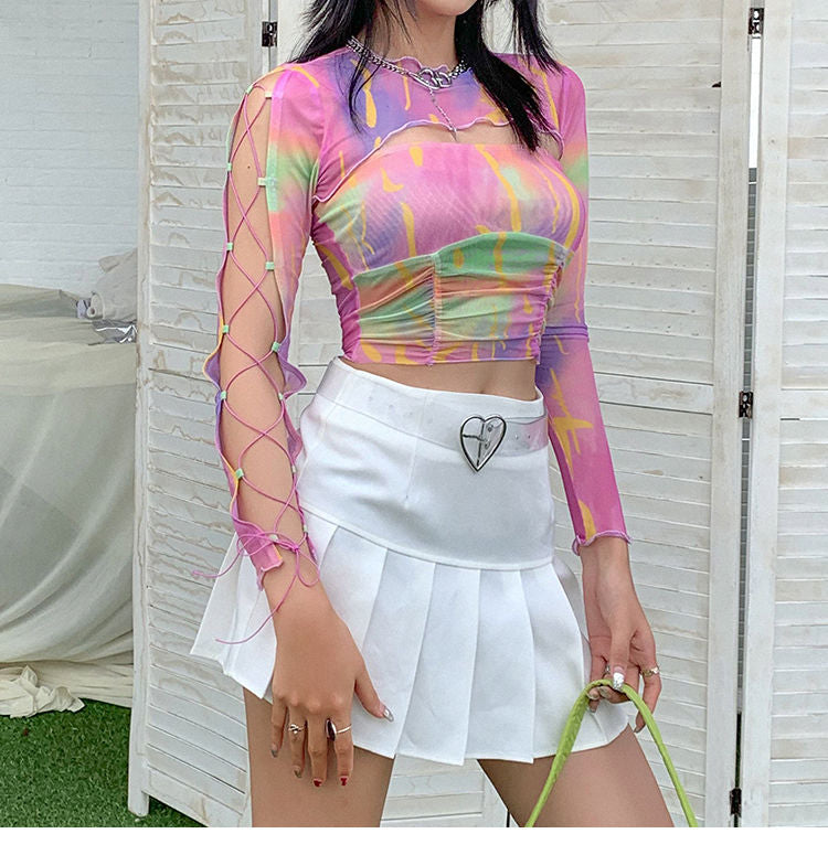 Hollow Bandage T-Shirt Women Sweet Suits Color Pattern Mesh Camisole + Long Sleeve Smock Female - MERGE.DAY.1.FREESTYLE