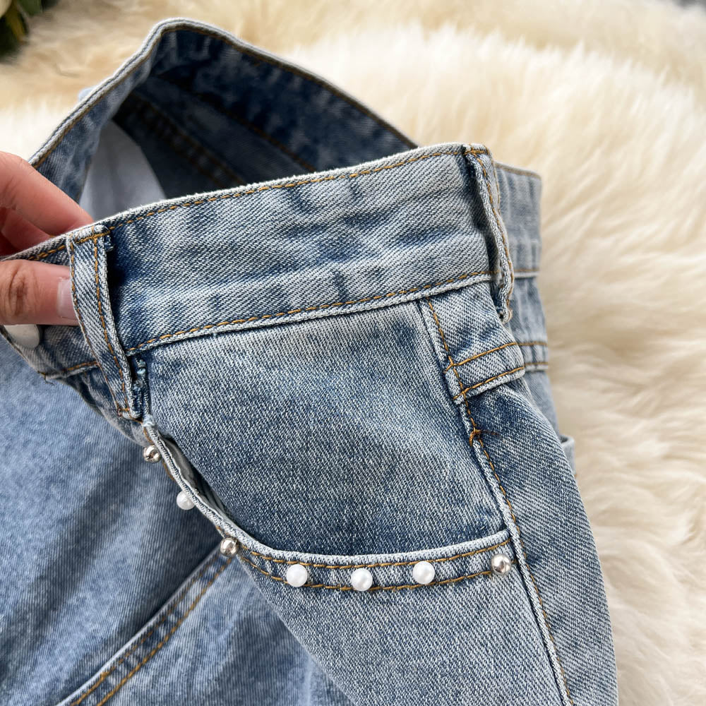 Beading Split Denim Skirts Women High Waist A-line Irregular Jeans Skirts - MERGE.DAY.1.FREESTYLE