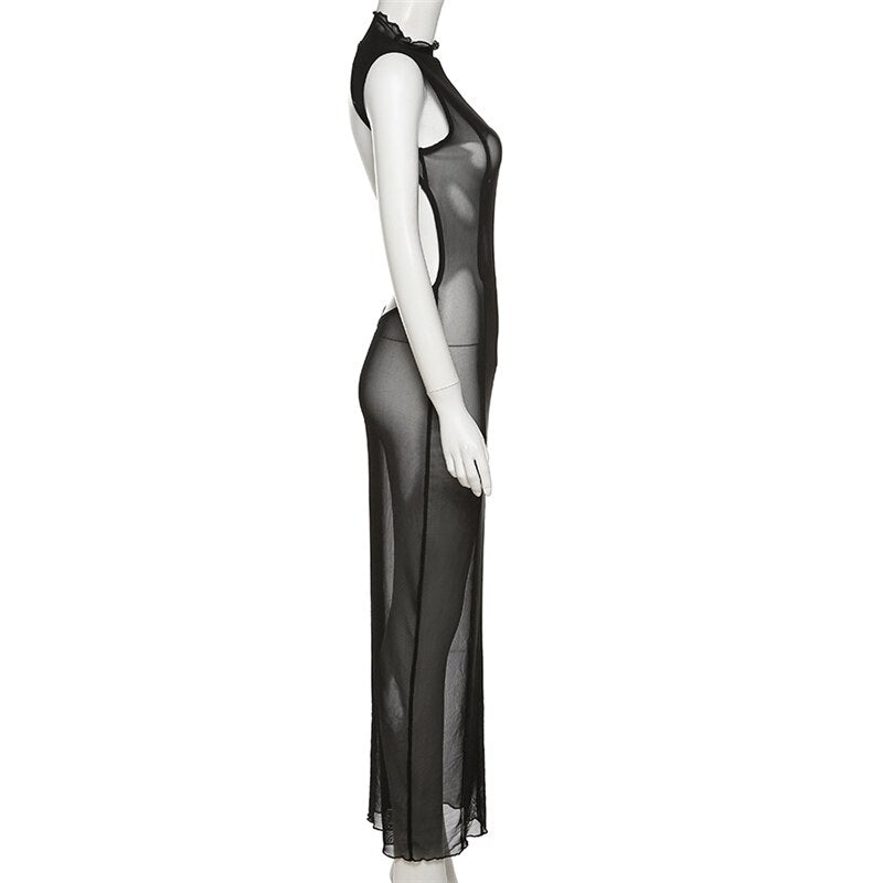 Mesh O Neck Long Sleeves Backless Lace Up See Through Sexy Bodycon Maxi Dress - MERGE.DAY.1.FREESTYLE