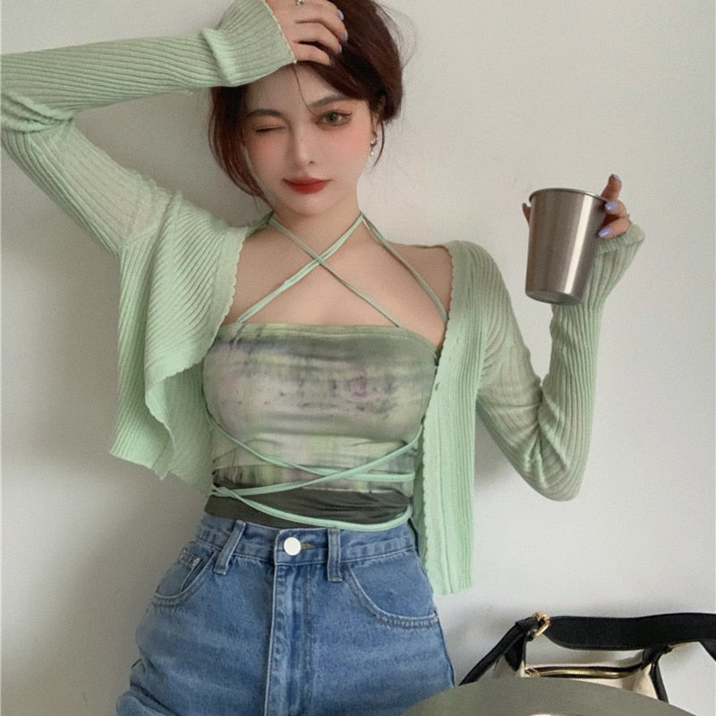 Summer Cardigan Two Piece Sets Women Fashion Slim Green Tie-dye Tops+See Through Thin Knitted - MERGE.DAY.1.FREESTYLE