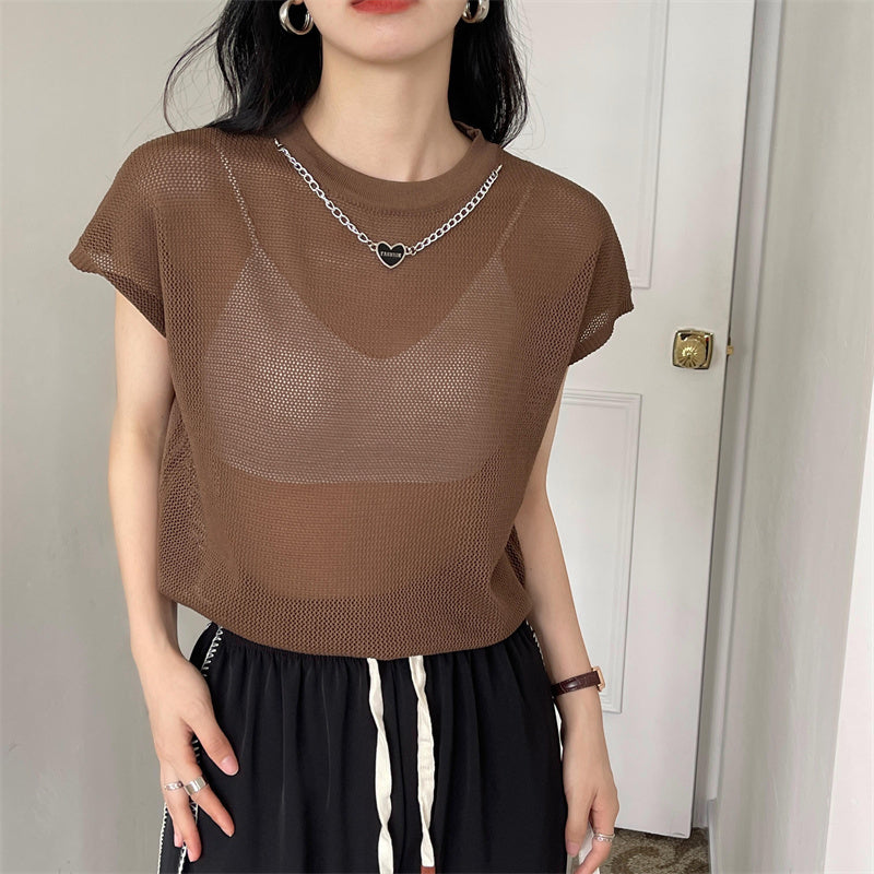 Hollow T-shirt Chain Women Summer New Solid Color Short Sleeve Knitted Tops Female 2022 - MERGE.DAY.1.FREESTYLE
