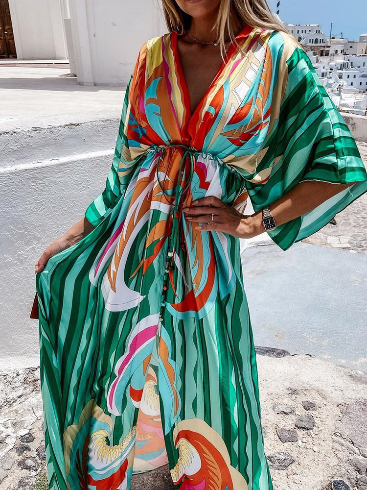 Bikini Cover Ups Print Maxi Dress for Women Summer Bohemian Beach Sexy Floral Tunic Long Dress - MERGE.DAY.1.FREESTYLE