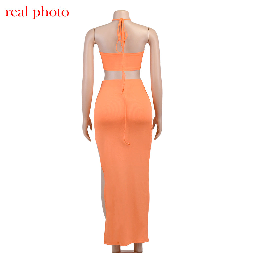 Cryptographic Bandage Cut Out Sexy Halter Neck Top and Skirts Set Gathered Elegant - MERGE.DAY.1.FREESTYLE