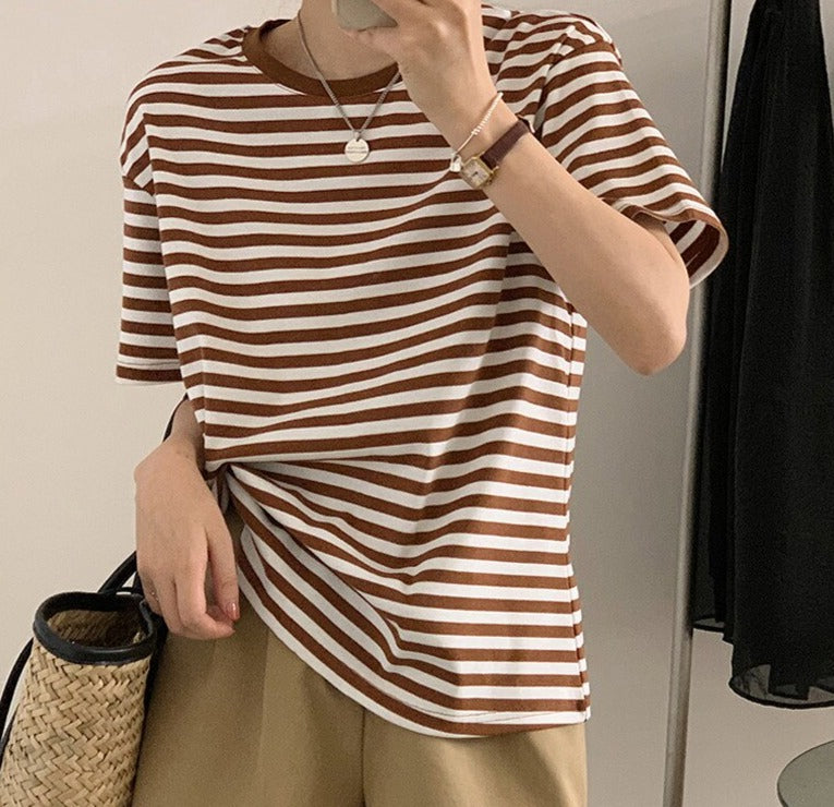 Casual O-neck Women Striped T-shirts Spring Summer Short Sleeve Loose Female Tops - MERGE.DAY.1.FREESTYLE