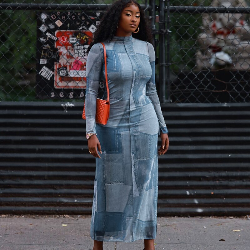 Mesh O Neck Long Flare Sleeve Print Slit Vintage Sexy Bodycon Maxi Dress - MERGE.DAY.1.FREESTYLE