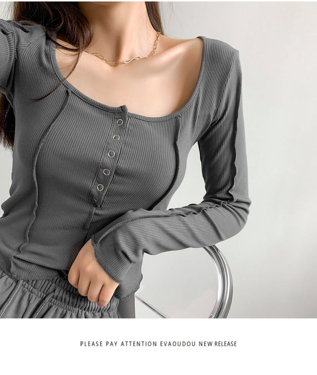 y2k Women T-shirt Single Breasted Long Sleeve Tees Patchwork Square Neck Cropped Tops - MERGE.DAY.1.FREESTYLE