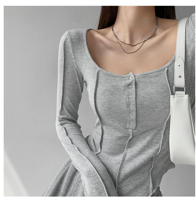 y2k Women T-shirt Single Breasted Long Sleeve Tees Patchwork Square Neck Cropped Tops - MERGE.DAY.1.FREESTYLE