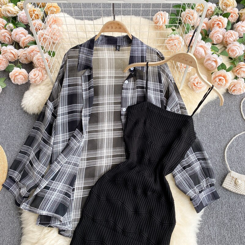 Summer Women Two Piece Set Plaid Long Sleeve Sunscreen Shirt+A-line Knitting Slip Dress - MERGE.DAY.1.FREESTYLE