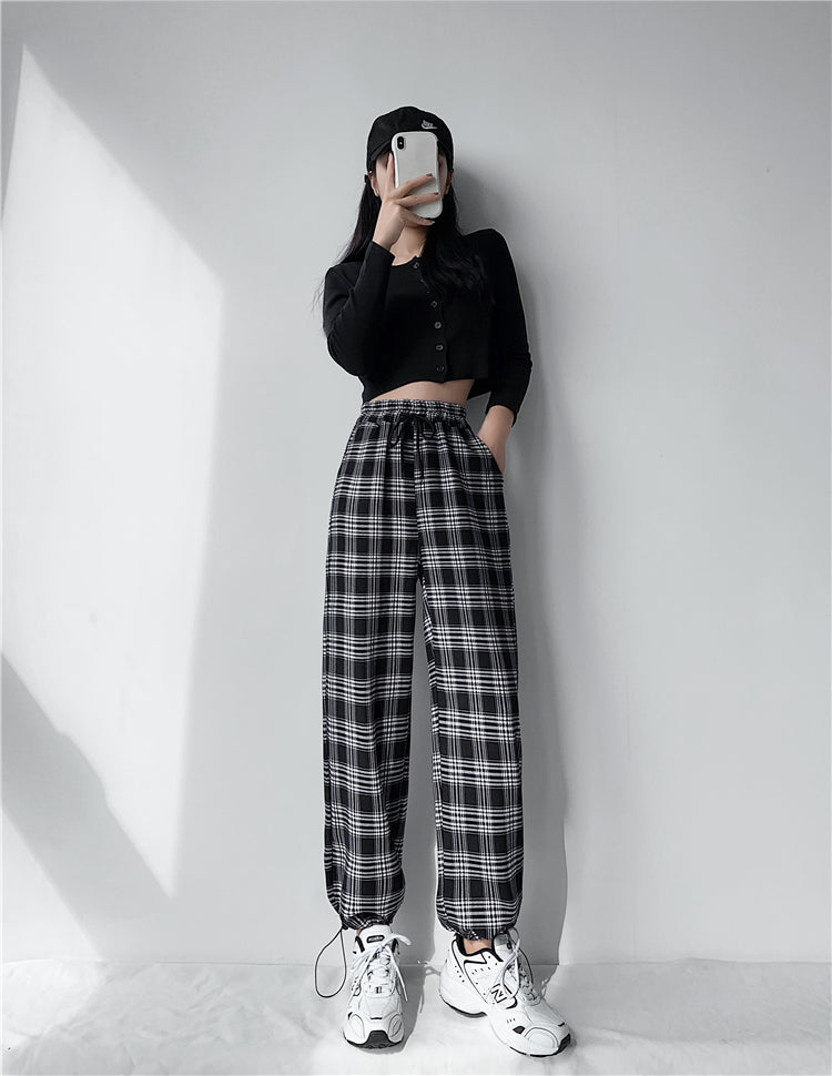 Plaid Pants Women High Waist Drawstring Loose Straight Baggy Pants 2022 Spring and Summer - MERGE.DAY.1.FREESTYLE
