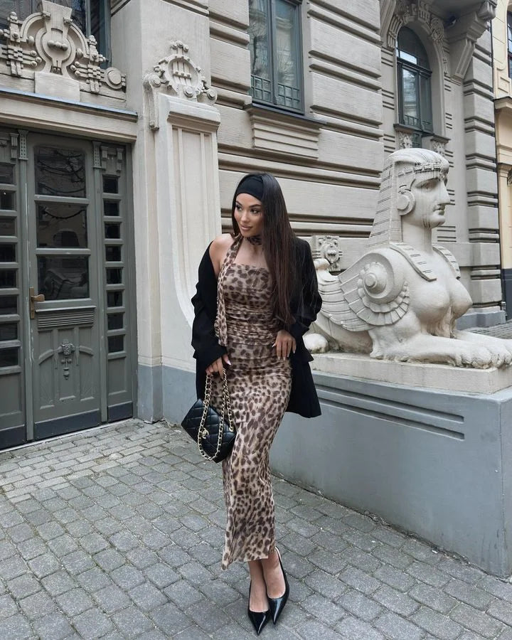 Leopard Print Wrapped Suit Backless Sleeveless Tops Skirts - MERGE.DAY.1.FREESTYLE