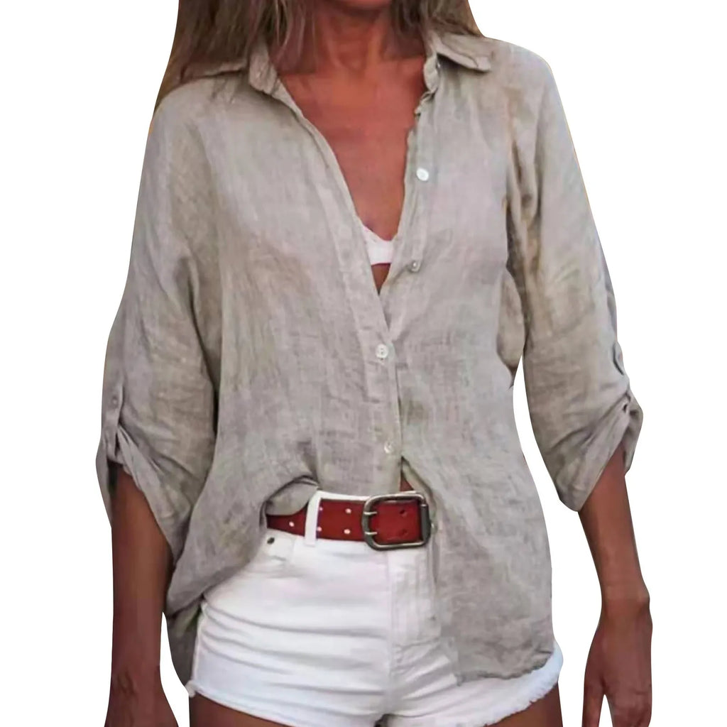 Cotton Linen Blouse Shirts Summer Solid Color Short Sleeve Buttons Cardigan Shirts - MERGE.DAY.1.FREESTYLE