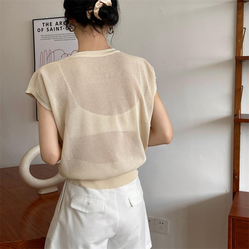 Hollow T-shirt Chain Women Summer New Solid Color Short Sleeve Knitted Tops Female 2022 - MERGE.DAY.1.FREESTYLE