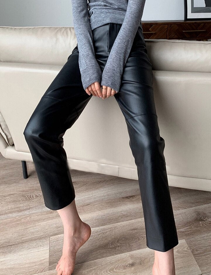 Loose Pockets Women PU Leather Trousers High Waist Single Button Ladies Straight Pants - MERGE.DAY.1.FREESTYLE