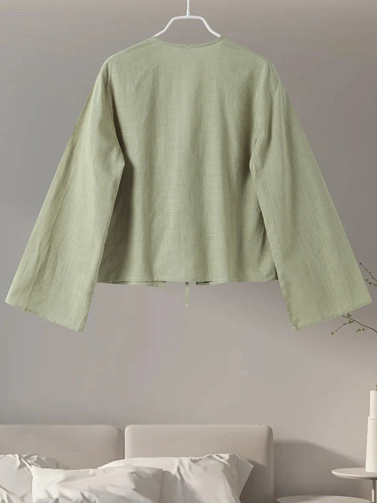 Cotton Linen Lace Up Bow Shirts Women Loose Hollow Out V Neck Long Sleeve Tops - MERGE.DAY.1.FREESTYLE