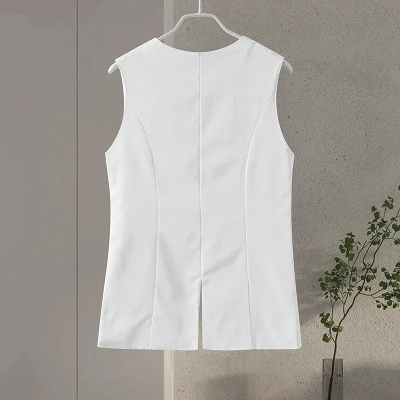 Elegant White Shorts Sets Sleeveless Single Breasted Top High Waist Shorts - MERGE.DAY.1.FREESTYLE