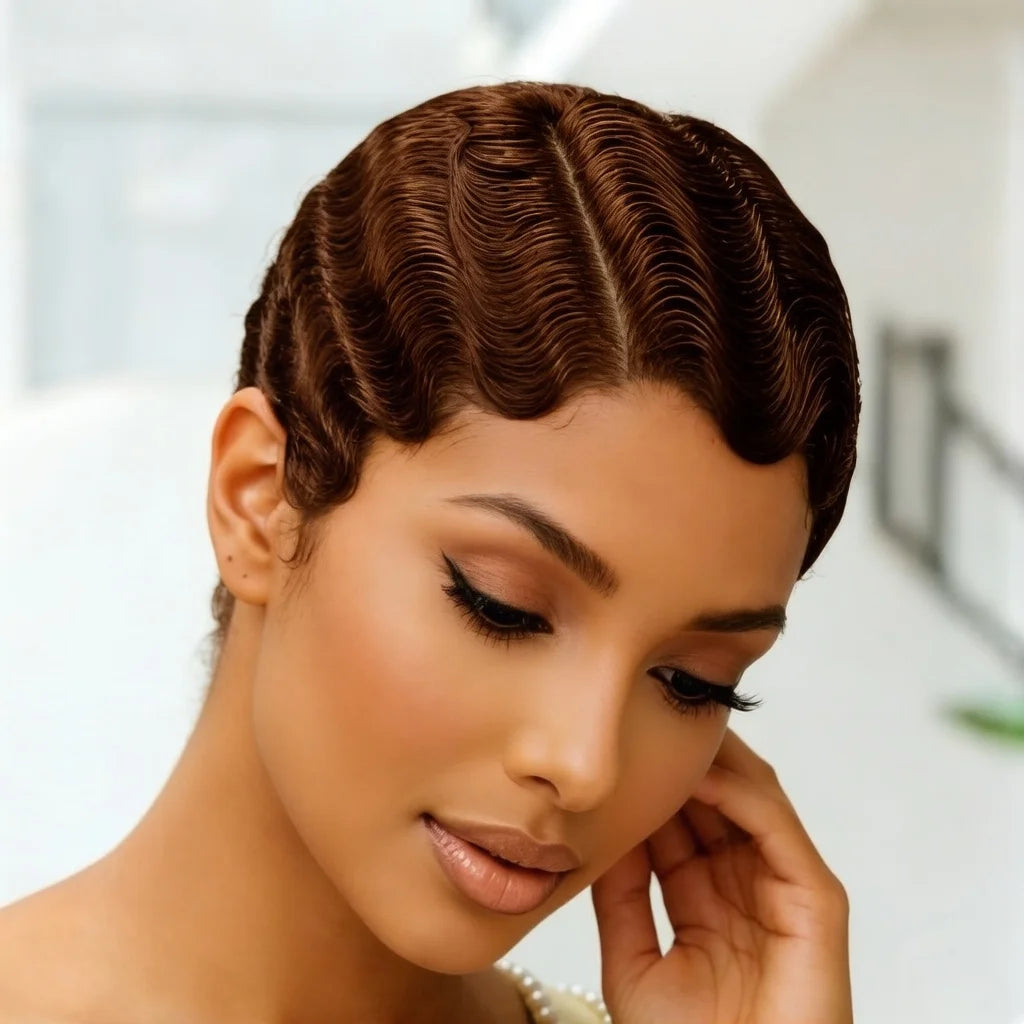 13X4 Lace Front Wig Brazilian Human Hair Finger Wave Short Pixie Cut Wig for Women 180% Density - MERGE.DAY.1.FREESTYLE