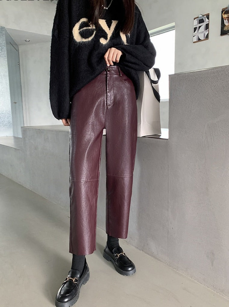 Spring Autumn PU Leather Pants Women High Waist Pockets Faux Leather Harem Pants - MERGE.DAY.1.FREESTYLE
