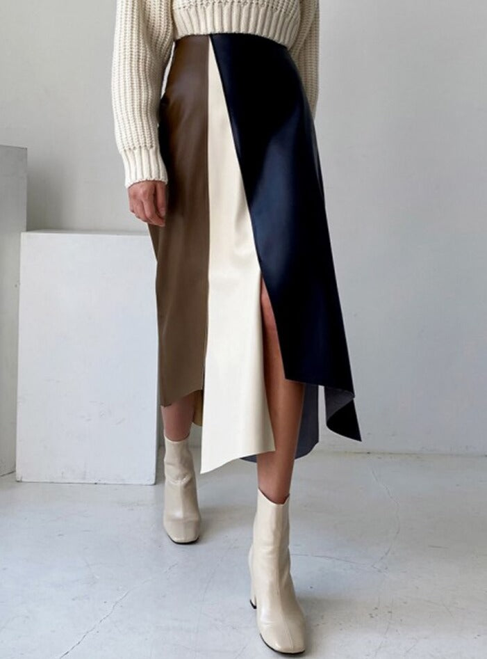 Patchwork Irregular PU Leather Skirts Women Elastic High Waist Female A-line Skirts - MERGE.DAY.1.FREESTYLE