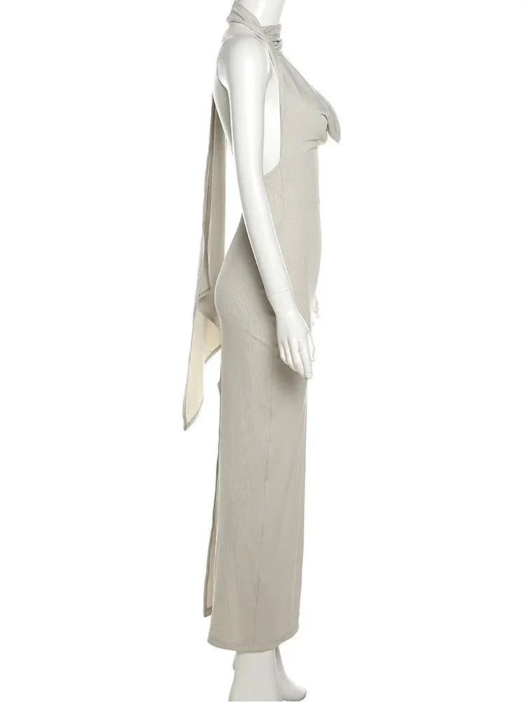 Backless Halter Evening Dress With Scarf Hollow Back Split Skinny - MERGE.DAY.1.FREESTYLE