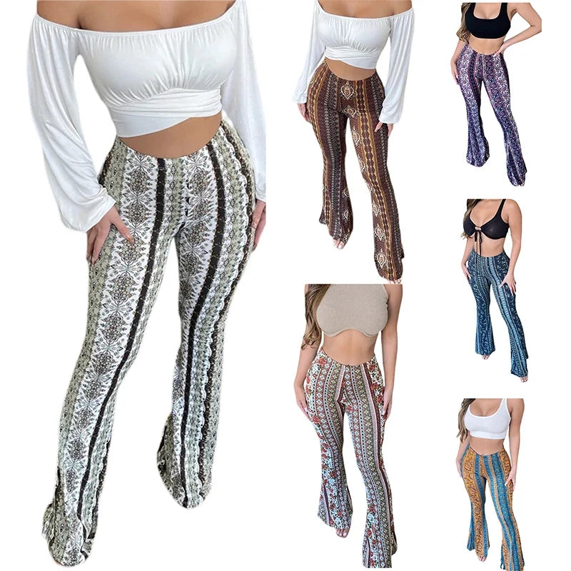 Frauen Boho Flare Pants Ethnic Tribal Print Bell Bottom Yoga Palazzo Hose - MERGE.DAY.1.FREESTYLE