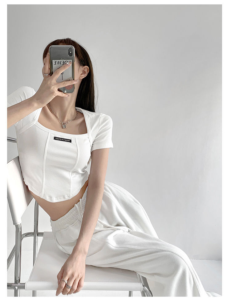Curved Crop Tops Women Summer Square Collar Short Sleeve T-Shirt Fashion Slim Woman - MERGE.DAY.1.FREESTYLE