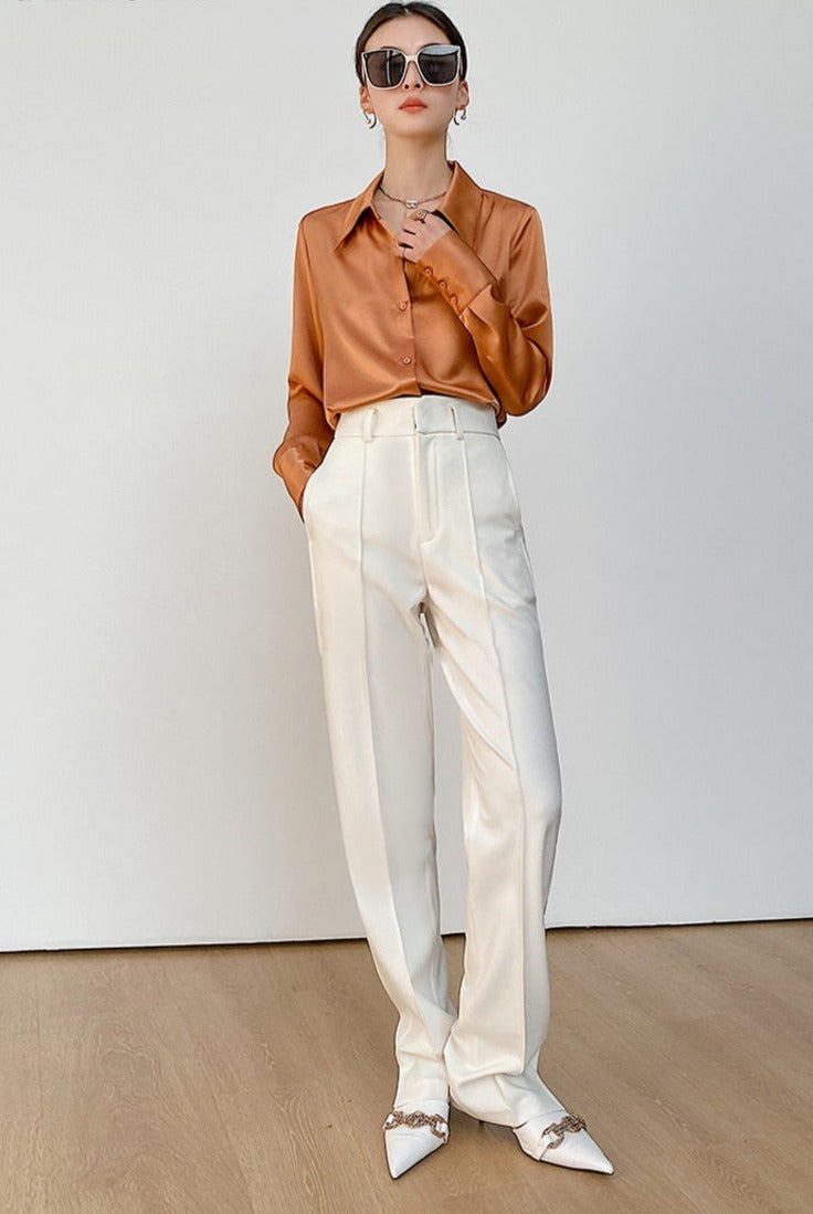 Turn-down Collar Solid Blouses Women Full Sleeve Loose Single-breasted Satin Shirts - MERGE.DAY.1.FREESTYLE