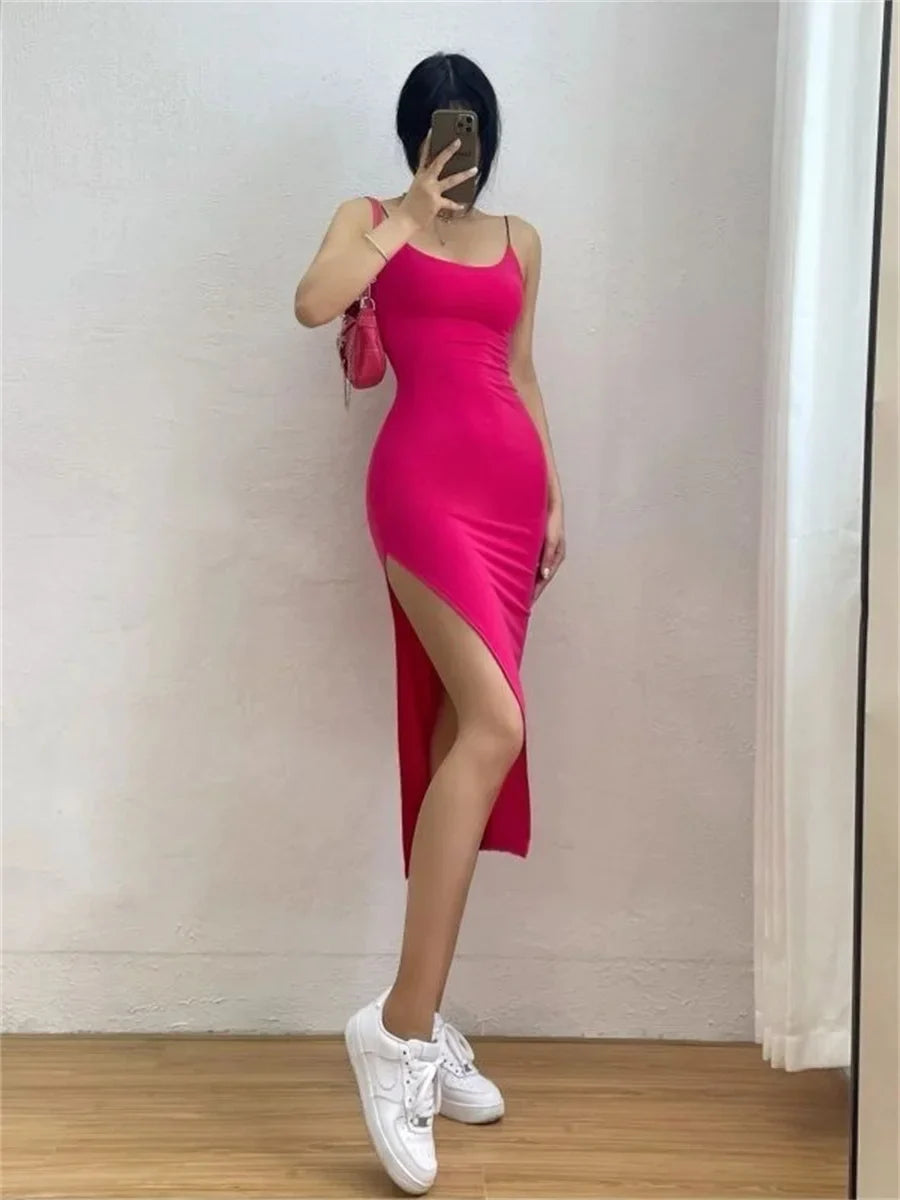 Sleeveless Spaghetti Strap Split Sheath Dress Vestidos - MERGE.DAY.1.FREESTYLE
