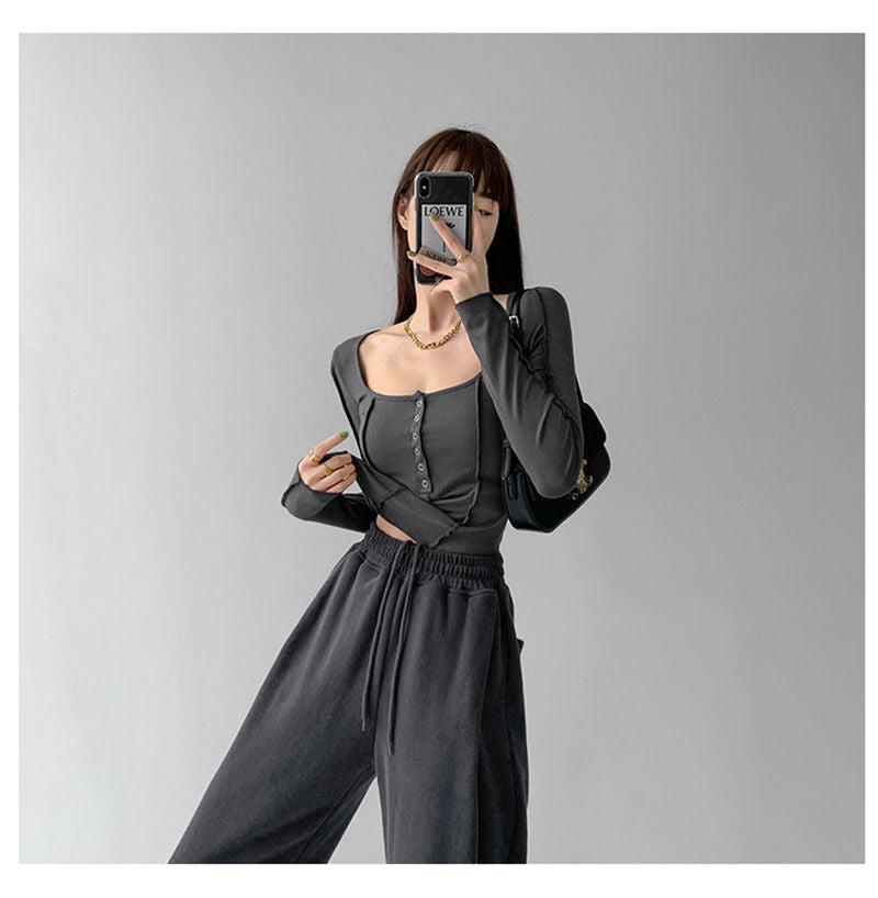 y2k Women T-shirt Single Breasted Long Sleeve Tees Patchwork Square Neck Cropped Tops - MERGE.DAY.1.FREESTYLE