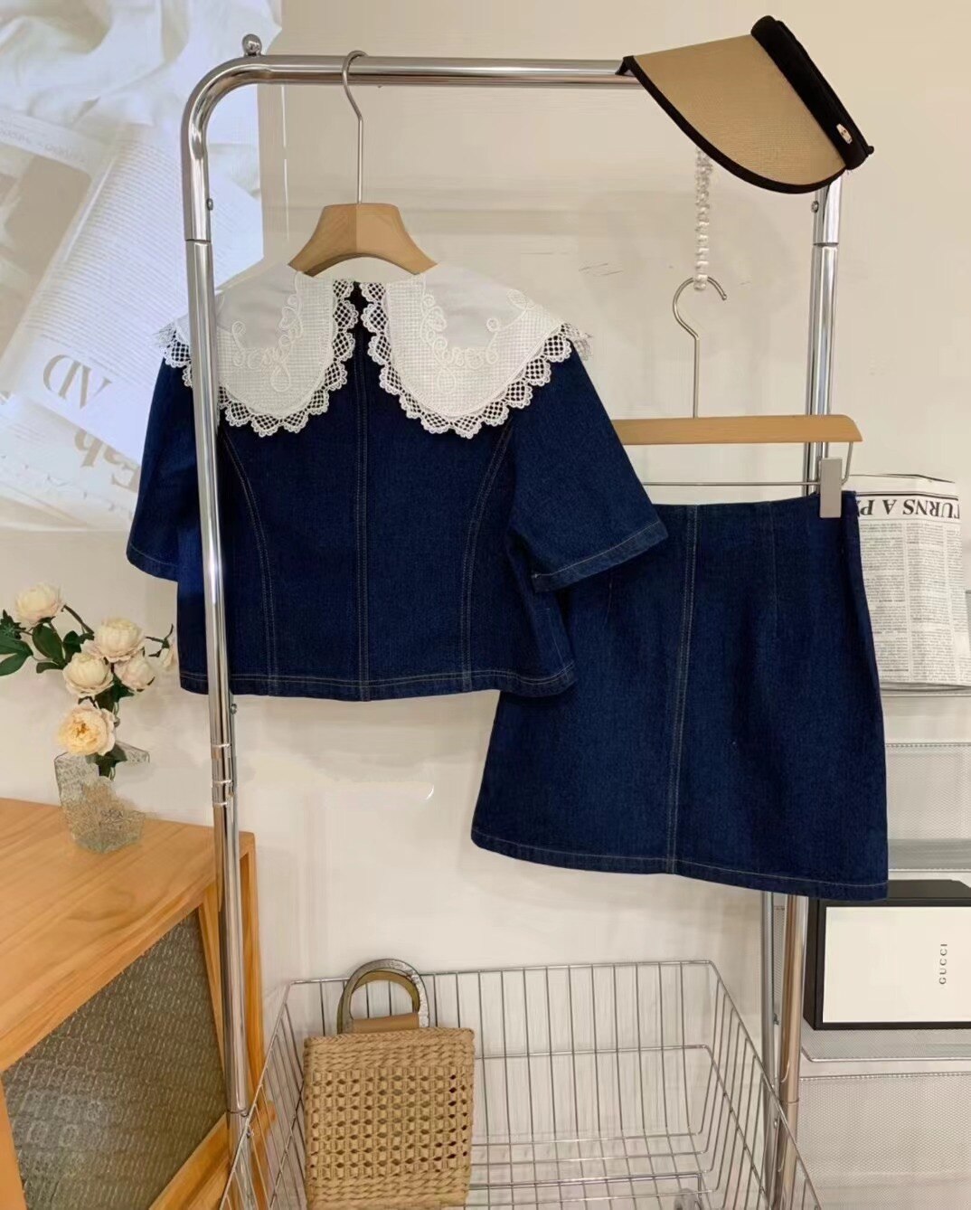 Summer Sweet Denim Suit Lace Peter Pan Collar Single Breasted Tops+high Waist A-line Skirts - MERGE.DAY.1.FREESTYLE