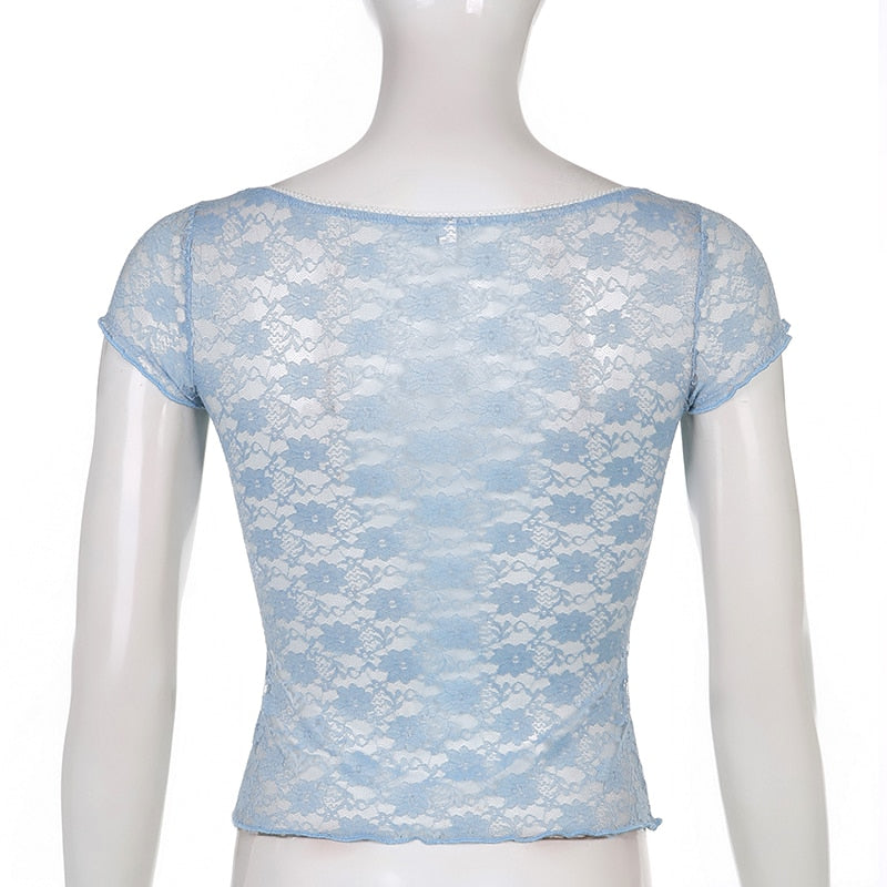 Trim Crop Top Bow Cute Sweet T Shirt Women Retro Short Sleeve Lace Patched Tshirt - MERGE.DAY.1.FREESTYLE