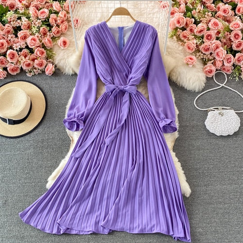 Slim Dress Elegant A Line V Neck Puff Sleeve Chiffon Pullover Mid-Calf Dresses - MERGE.DAY.1.FREESTYLE