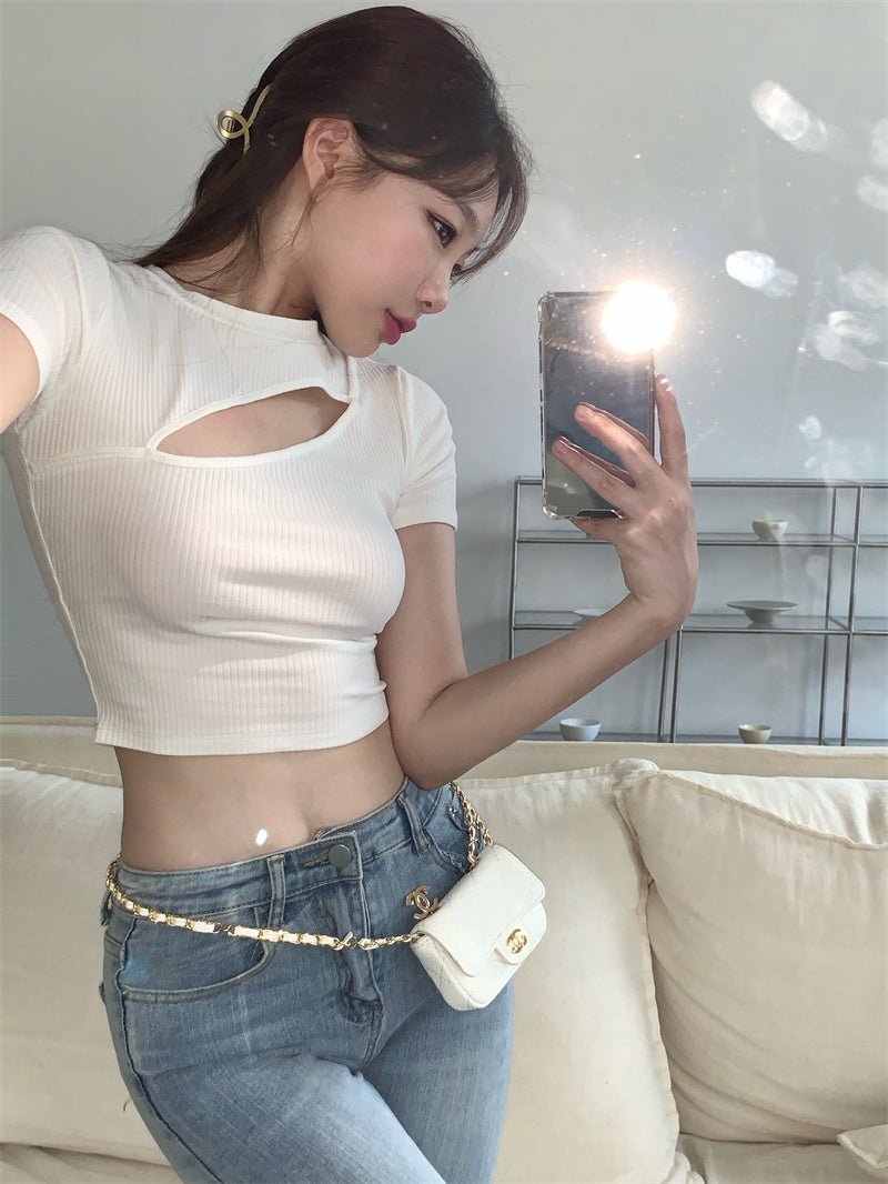 T Shirt Women Summer Hollow Crewneck Cropped Tops Irregular Tight Fitting Short Sleeve - MERGE.DAY.1.FREESTYLE