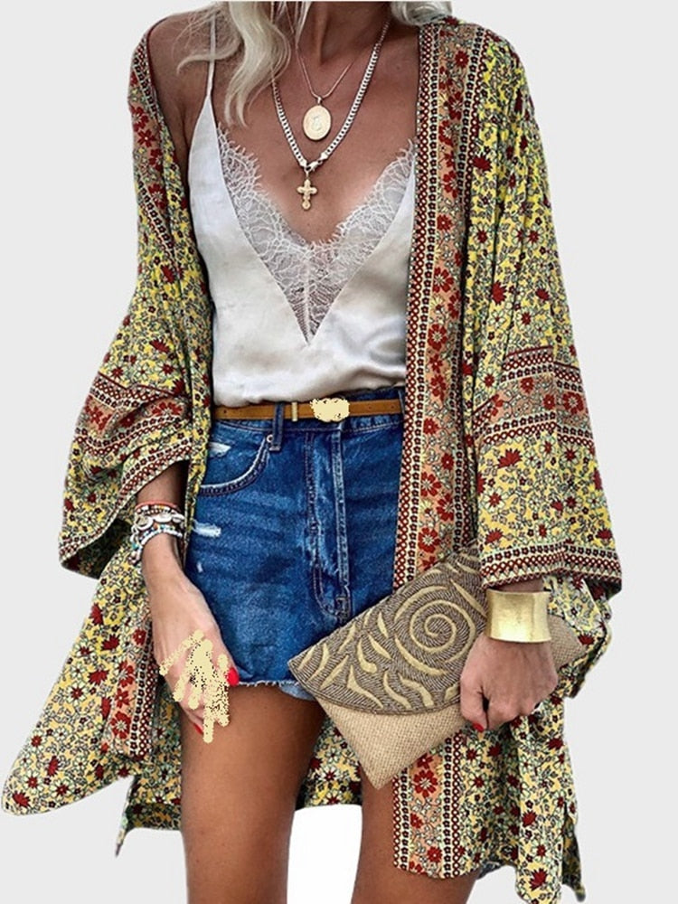 Cardigan Women Bohemian Floral Printed Blouse Open Front Loose Beach Tops Vintage Long Sleeve - MERGE.DAY.1.FREESTYLE