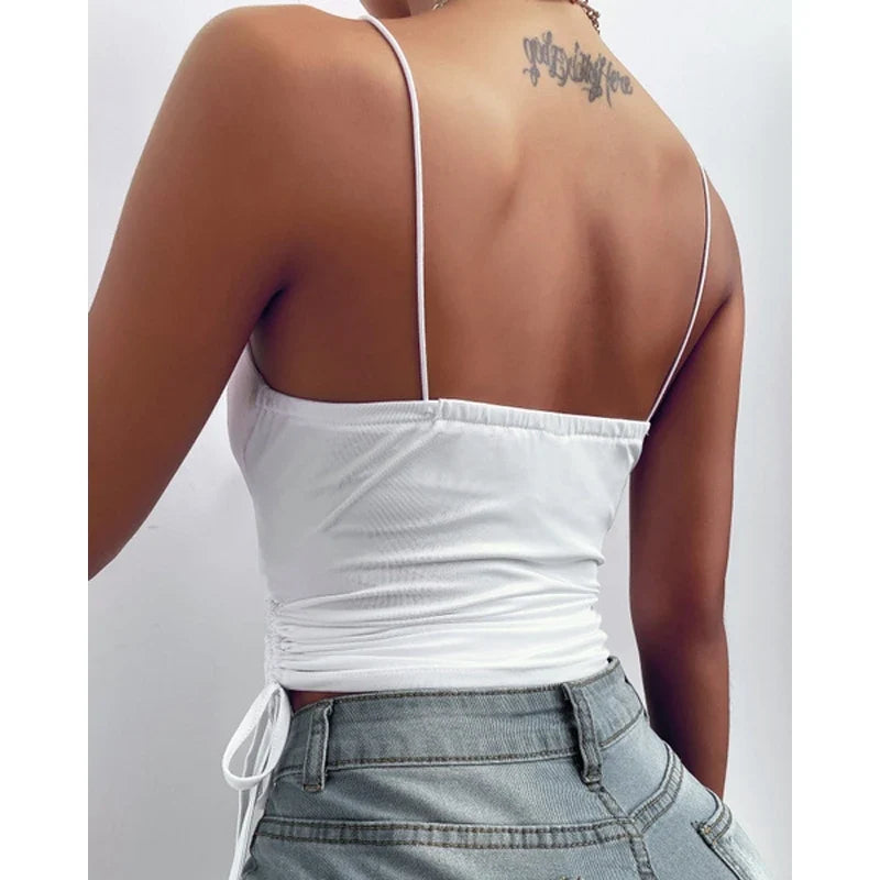 Tank Top V Neck Camisole Cami Drawstring Spaghetti Strap Top - MERGE.DAY.1.FREESTYLE