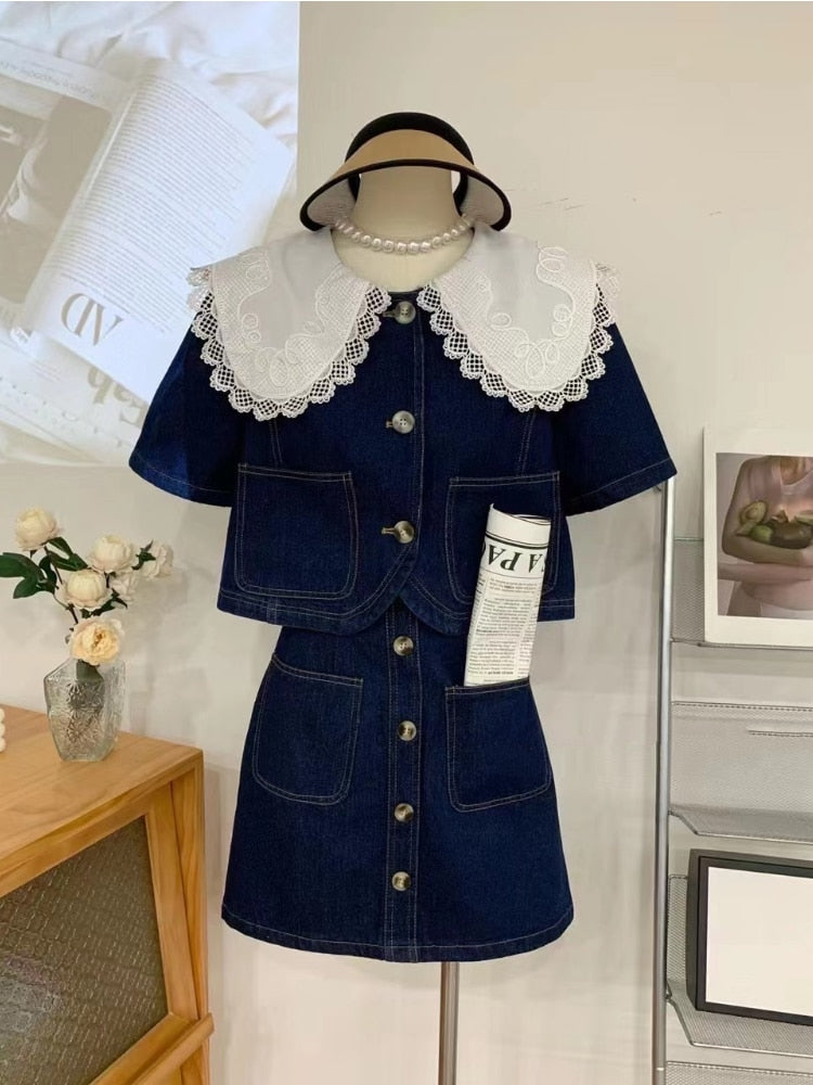 Summer Sweet Denim Suit Lace Peter Pan Collar Single Breasted Tops+high Waist A-line Skirts - MERGE.DAY.1.FREESTYLE