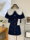 Summer Sweet Denim Suit Lace Peter Pan Collar Single Breasted Tops+high Waist A-line Skirts - MERGE.DAY.1.FREESTYLE