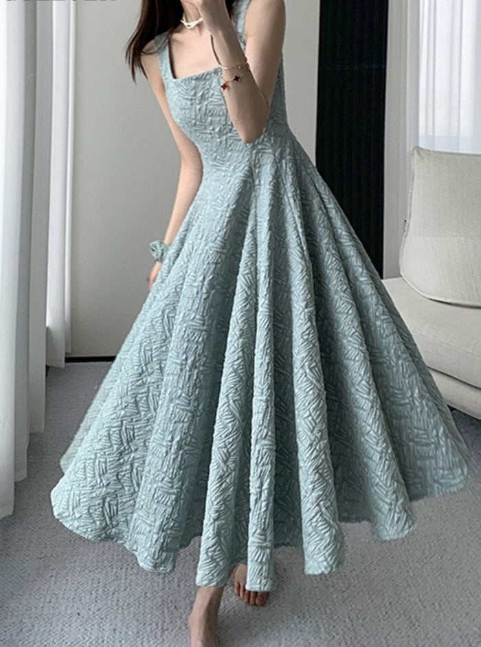 Vintage Square Collar A-line Dress Summer Sleeveless Slim Waist Female Midi Dress - MERGE.DAY.1.FREESTYLE