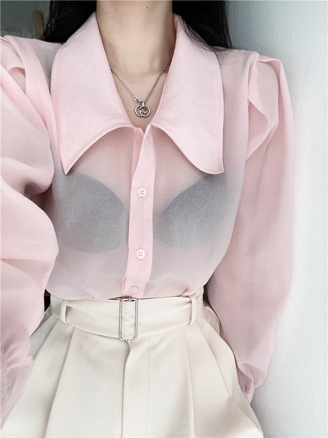 See Through Button Down Shirts Women New Loose Long Sleeve Blouse Female 2022 Summer Suncreen Tops - MERGE.DAY.1.FREESTYLE