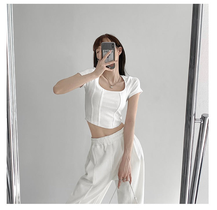 Vintaege Y2K Tops Women Summer Square Collar Short Sleeve T-shirt Fishbone Line Slim Crop - MERGE.DAY.1.FREESTYLE